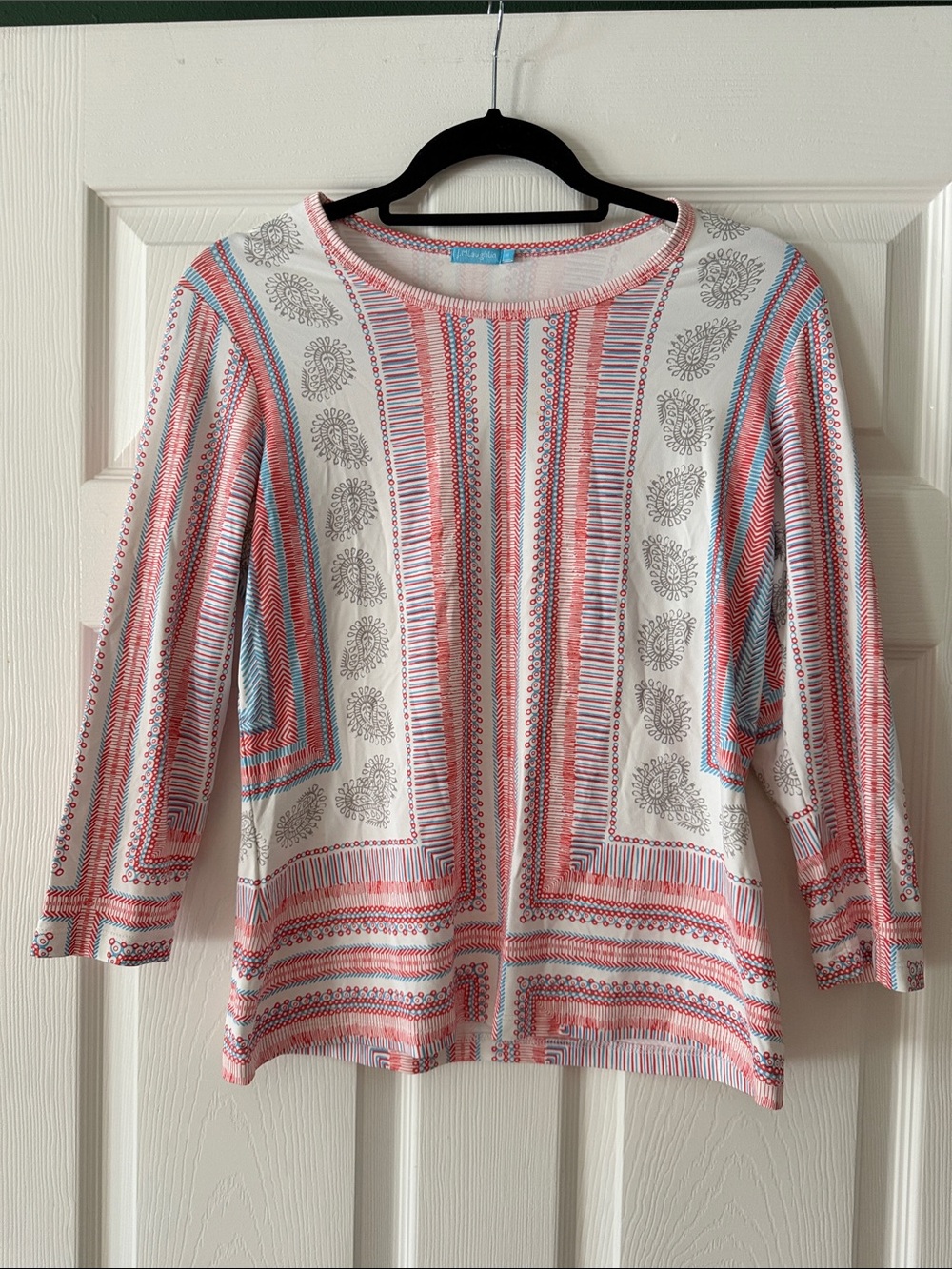 White Long-Sleeve Top with Coral and Light Blue Geo Print
